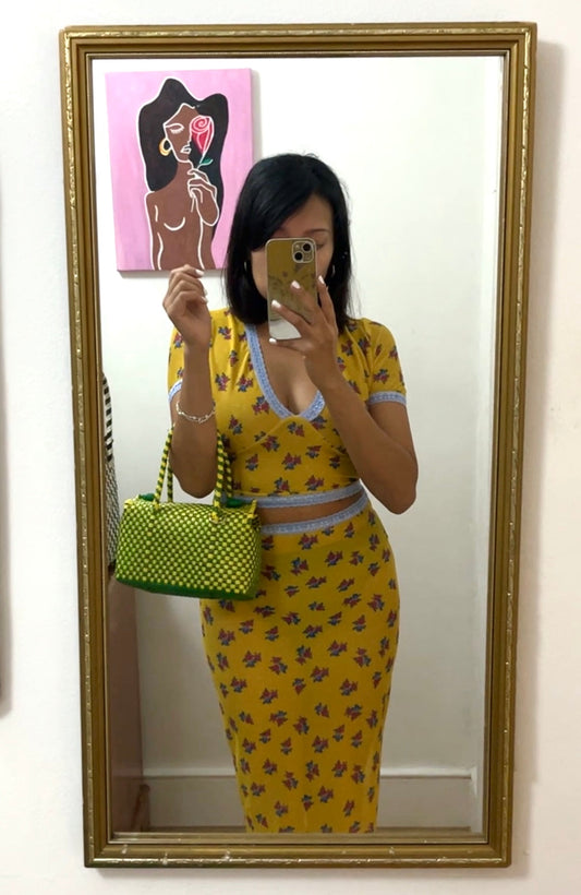 Annisa V neck Mesh Skirt in Yellow Floral